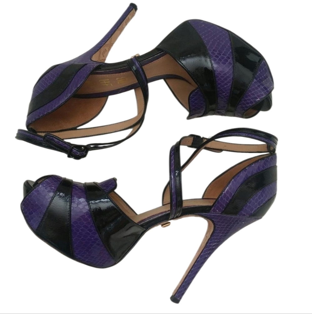 L.A.M.B. Purple and Black Snakeskin MIYAGI Platform Heels